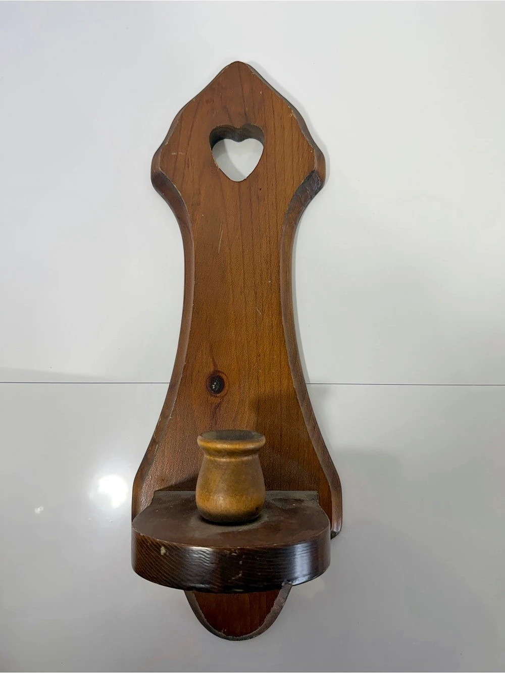 Vintage 1980s Solid Wood Wall Sconce Candle Holder Heart Cutout Country Farmhous